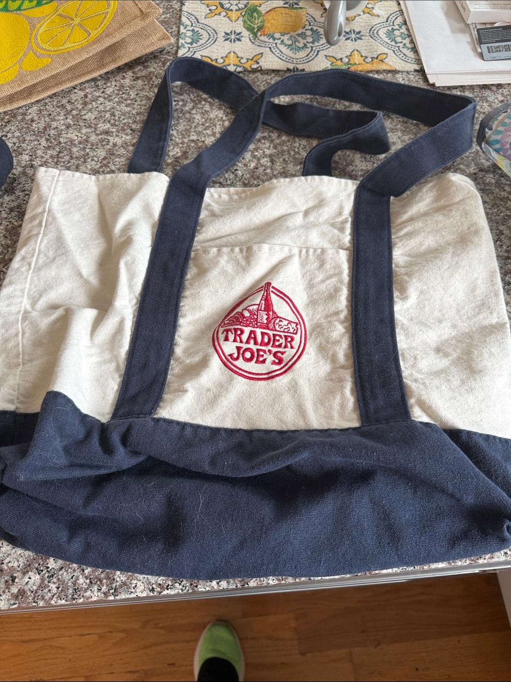 Trader Joe's Canvas Tote Bag in Cream and Navy